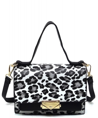 Fashion Push Lock Flap Crossbody Bag PF705 BLACK SNOW LEOPARD